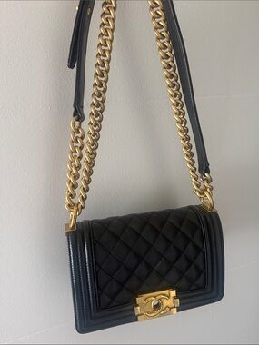 Black Quilted Chain Shoulder Bag with Gold Hardware